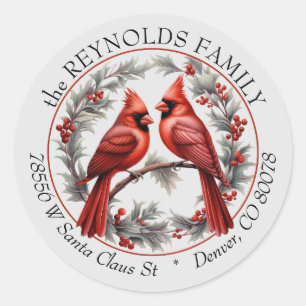 Twin Cardinals Christmas Round Return Address Classic Round Sticker