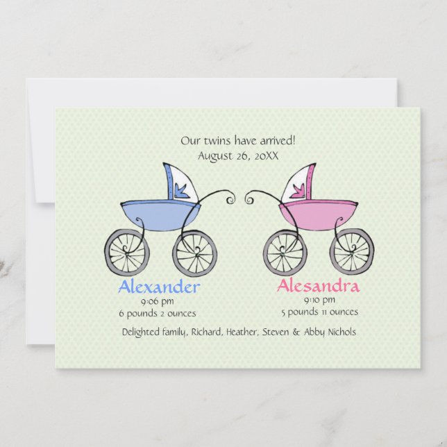 Twin Carriages Baby Birth Announcement (Front)