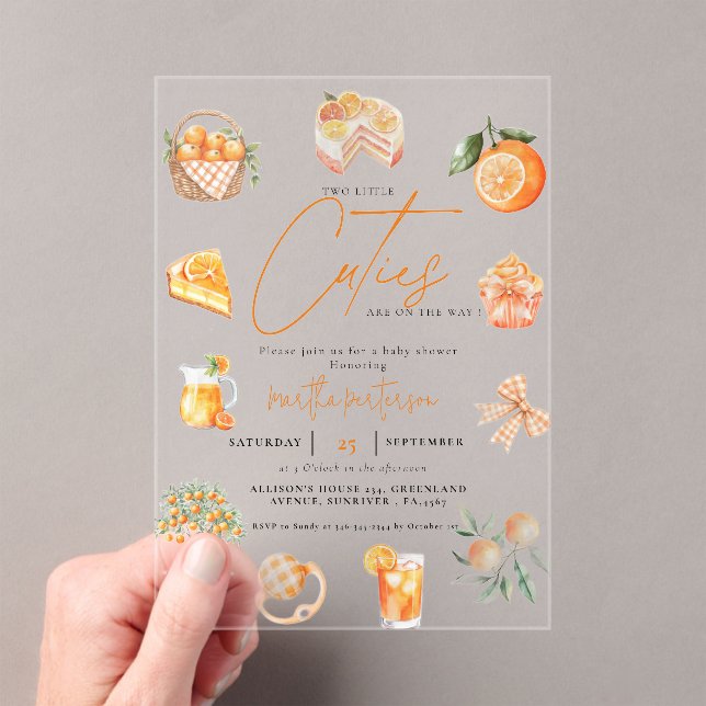 Twin citrus orange Cutie Summer Baby Shower Acrylic Invitations (Insitu (Handheld))