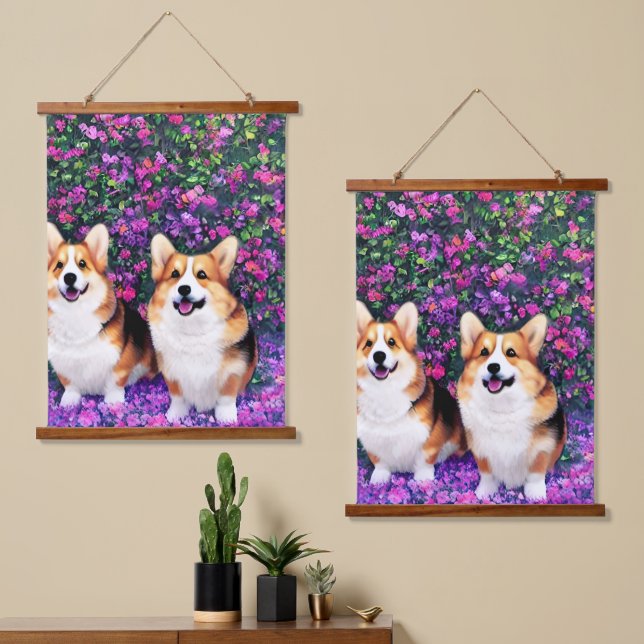 Twin Corgis in the Garden Hanging Tapestry (Asymmetrical)
