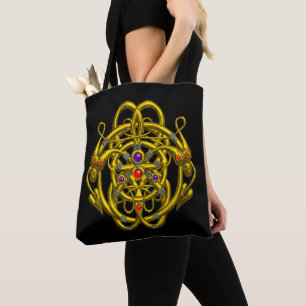 TWIN DRAGONS Gold Celtic Knots,Gemstones in Black Tote Bag