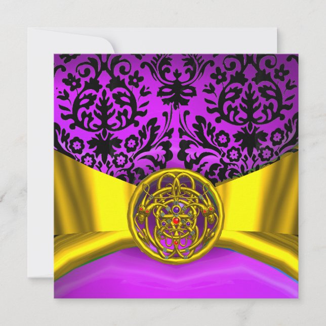 TWIN DRAGONS GOLD PURPLE BLACK DAMASK MONOGRAM INVITATION (Front)