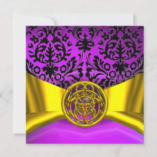 TWIN DRAGONS GOLD PURPLE BLACK DAMASK MONOGRAM INVITATION