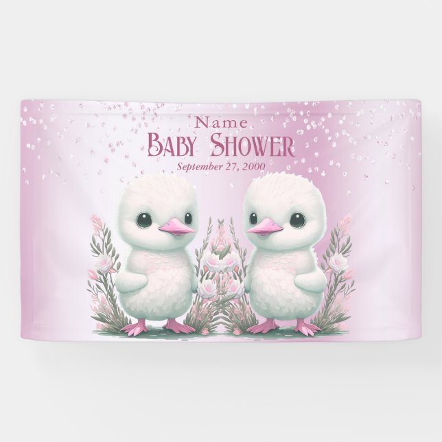 Twin Ducks Pink Floral Baby Shower Welcome Banner (Horizontal)