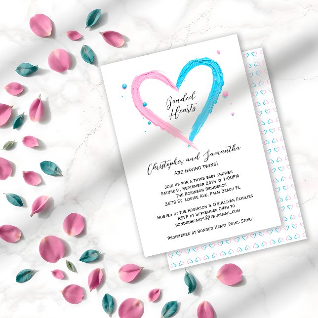 Twin Elegant Blue Pink Heart Twins Baby Shower Invitation (Creator Uploaded)