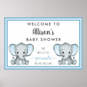 Twin Elephant Baby Boy Shower Welcome Poster