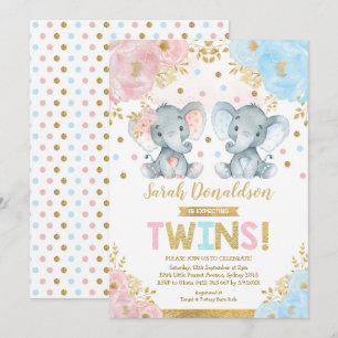 Twin Elephant Baby Shower Boy & Girl Twins Invitation