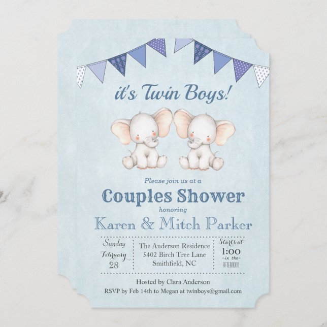 TWIN Elephant Baby Shower Invitation (Front/Back)