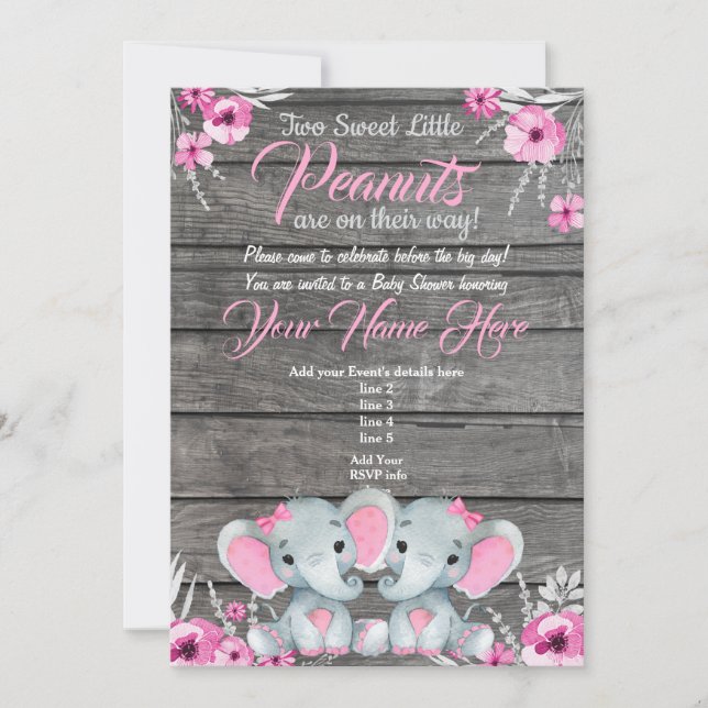 Twin Elephant Baby Shower Invitation, rustic, pink Invitation (Front)