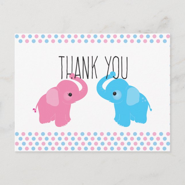 Twin Elephant Baby Shower Thank You Postcard (Front)