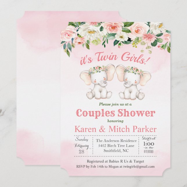 TWIN Elephant Floral Baby Shower Invitation (Front/Back)