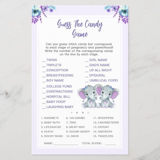 Twin Elephant Guess The Candy Baby Shower Game Flyer (Front)