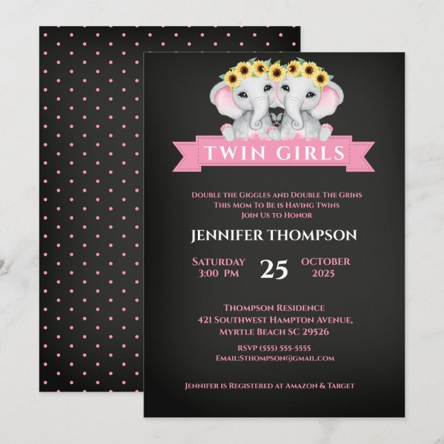  Twin Elephant Sunflower Baby Shower Chalkboard  Invitation (Front/Back)