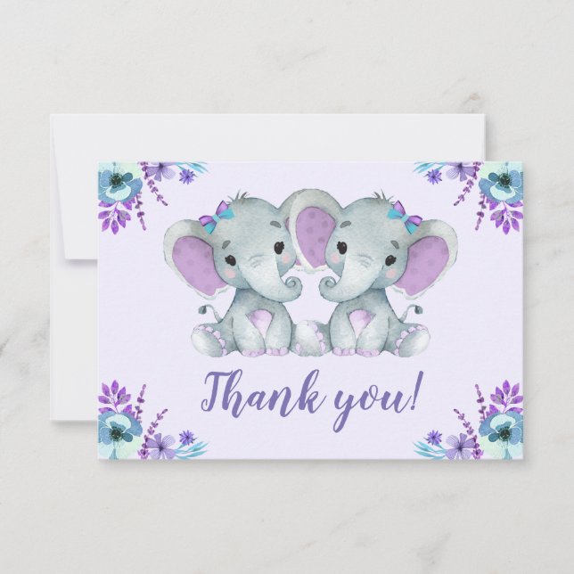 Twin Elephant Thank you Card Rustic Floral Purple  (Front)