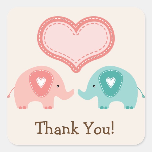 Twin Elephants Baby Shower Thank You Square Sticker (Front)