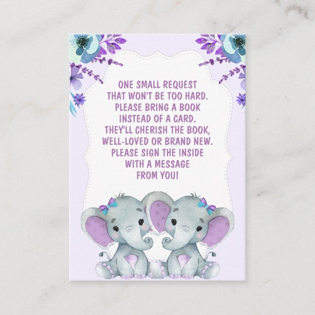 Twin Elephants Book Request Girl Baby ShowerPurple Enclosure Card (Front)