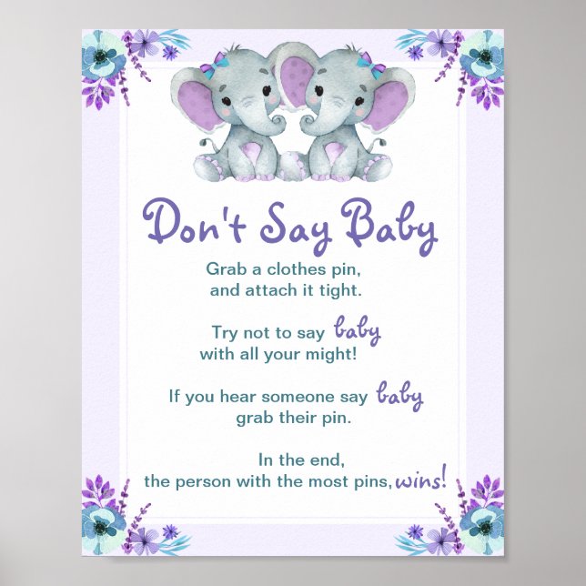 Twin Elephants Don't Say Baby Girl Shower Game Poster (Front)
