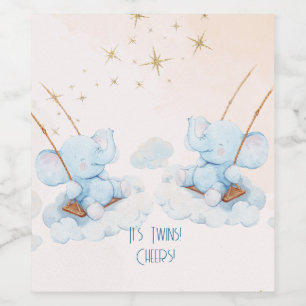 Twin Elephants Swing in the Clouds Baby Shower Wine Label