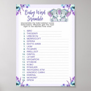 Twin Elephants Word Scramble Baby Shower Game Poster