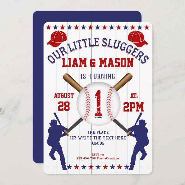 Twin, First, Baseball, Little Slugger Invitation (Front/Back)