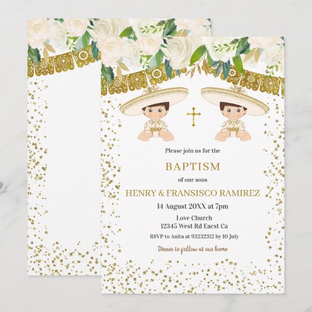 Twin Floral Gold Fiesta Boy Baptism Christening Invitation (Front/Back)