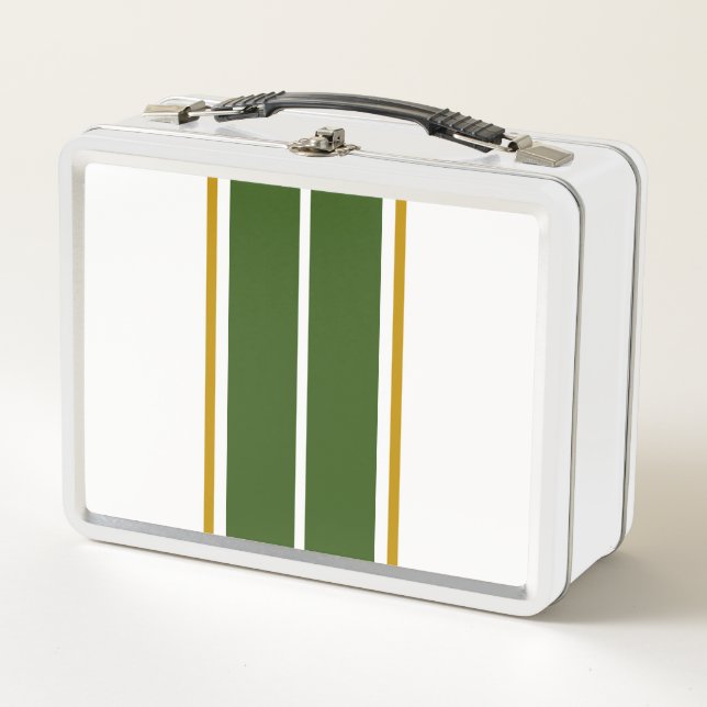 Twin Forest Green Racing Stripes White Background  Metal Lunch Box (Front)