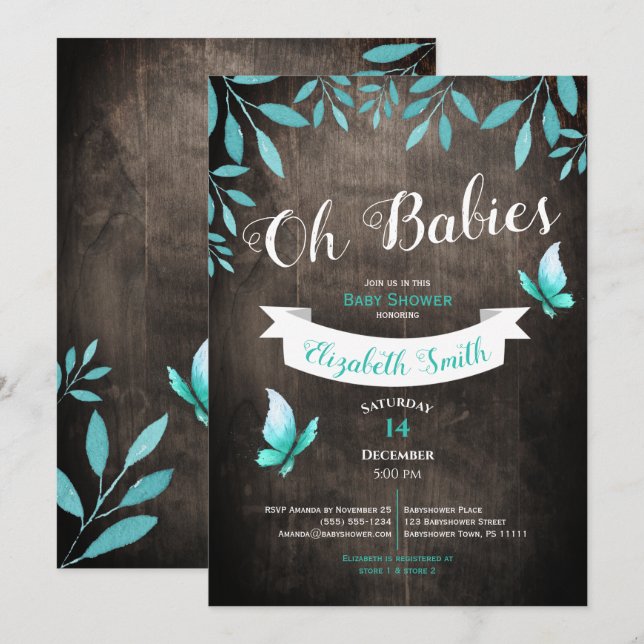 Twin Gender neutral watercolor babyshower Invitation (Front/Back)