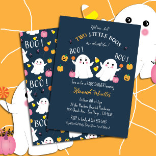 Twin Ghosts Halloween Baby Shower Blue Invitation