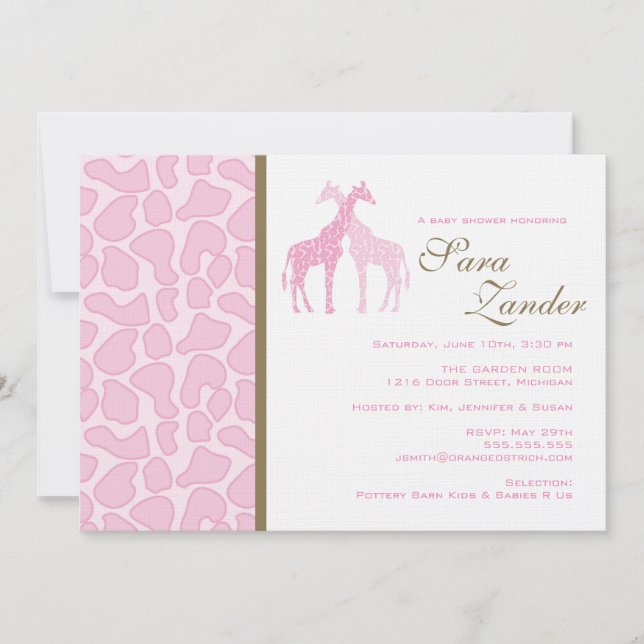 Twin Giraffes Baby Shower Invitation - Girls (Front)