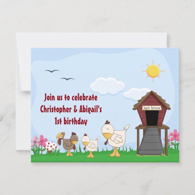 Twin Girl and Boy Chicks 1st Birthday Invitation (Front)