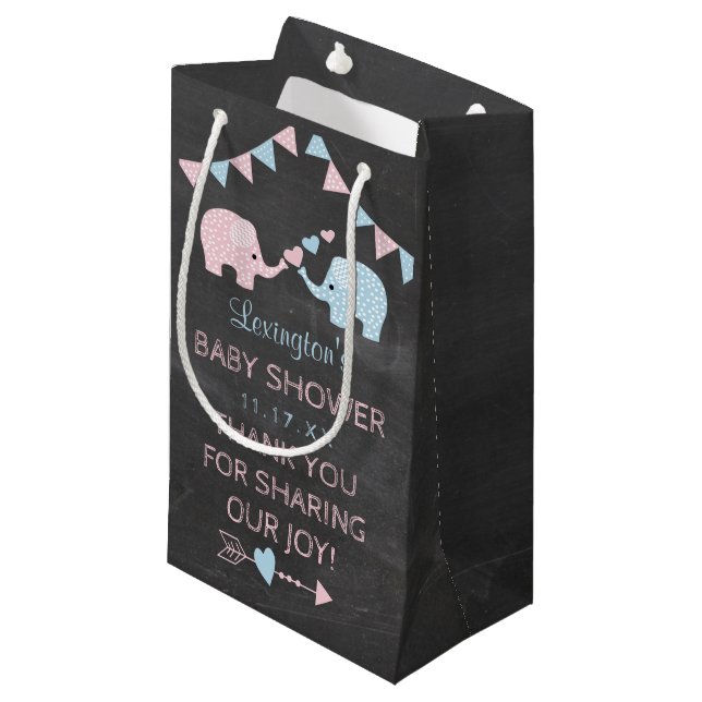Twin Girl and Boy Elephants Baby Shower Thank You Small Gift Bag (Front Angled)