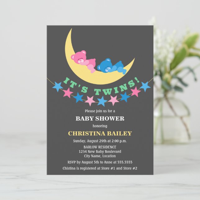 Twin Girl and Boy Teddy Bear Baby Shower Invitation (Standing Front)