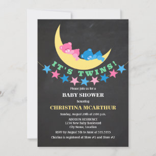Twin Girl and Boy Teddy Bear Baby Shower Invitation
