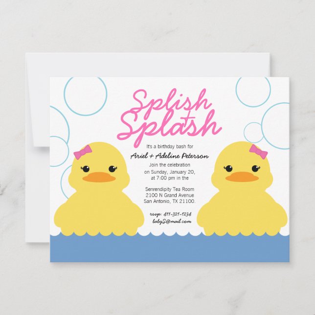 twin girl ANY AGE rubber DUCKY BIRTHDAY party Invitation (Front)