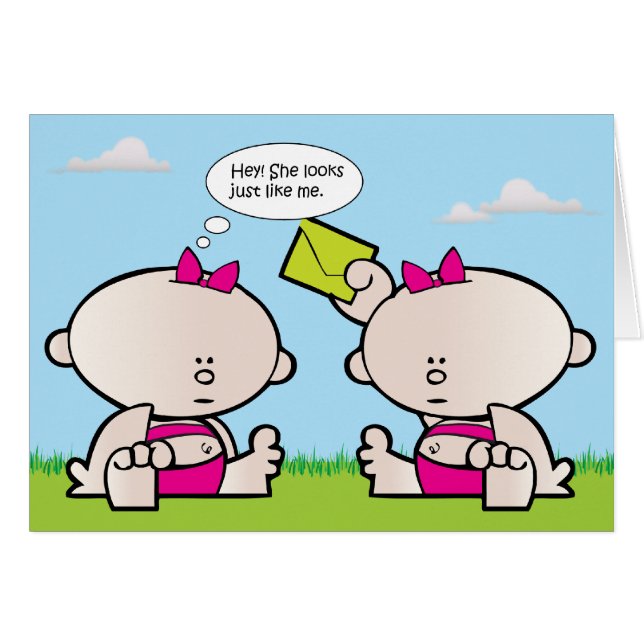 Twin Girl Babies Birth Announcement Birthday Card (Front Horizontal)