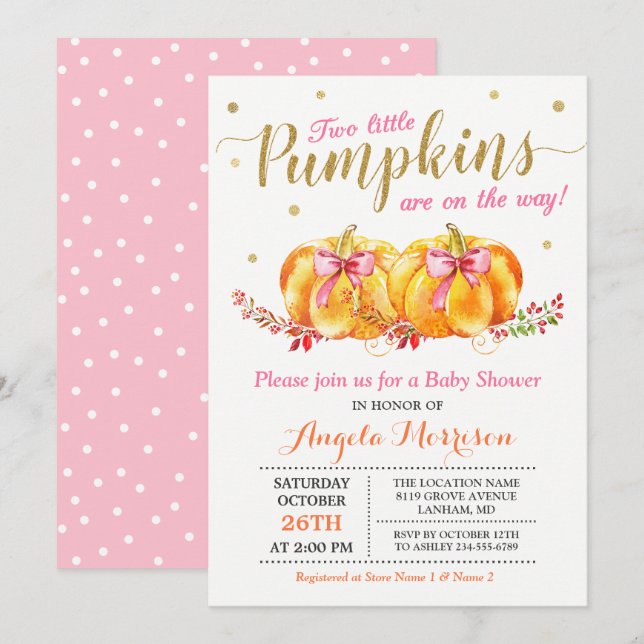 Twin Girl Baby Shower Cute Pink Little Pumpkin Invitation (Front/Back)