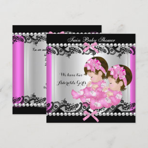 Twin Girl Baby Shower Hot Pink Cute Baby Girls Invitation