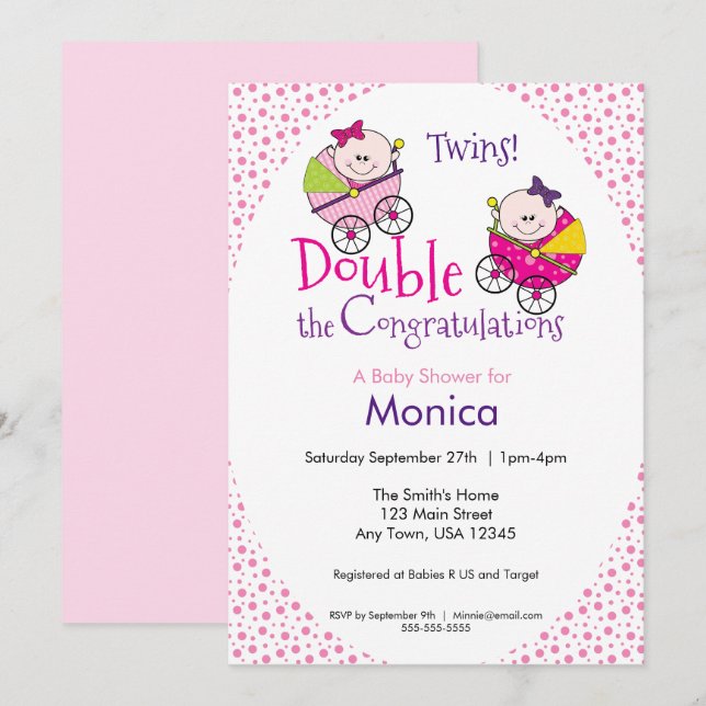 Twin Girl Baby Shower Invitation (Front/Back)