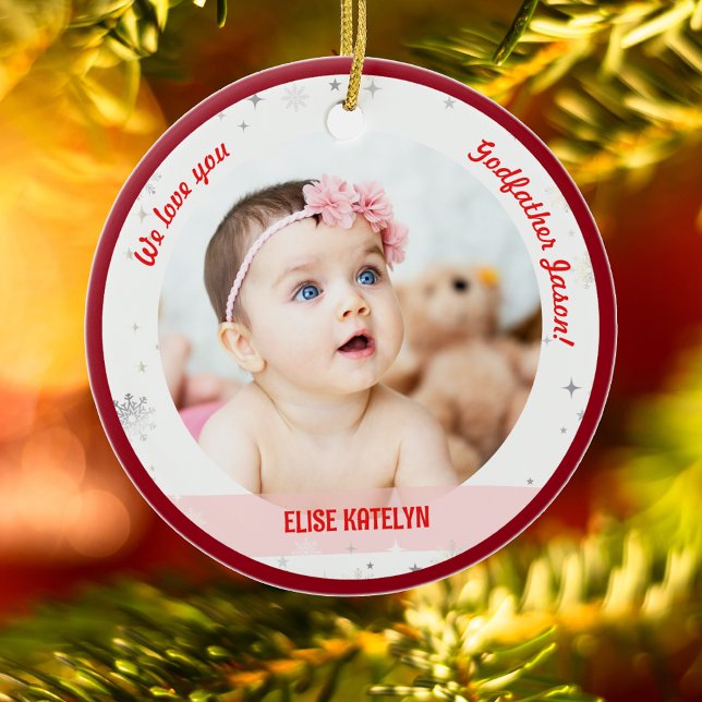 Twin Girl Boy Photo Godfather First Christmas Baby Ceramic Tree Decoration (Cute Modern Elegant Personalized First Christmas We love Godfather Twin Babies Girl Boy 2 Photos)