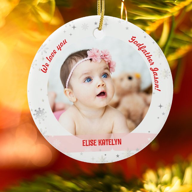 Twin Girl Boy Photo Godfather First Christmas Baby Ceramic Tree Decoration (Modern Cute We love you, Godfather! First Christmas Twin Baby Girl and Boy. 2 Photos. Snowflakes)