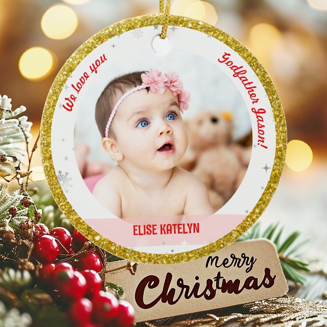 Twin Girl Boy Photo Godfather First Christmas Baby Ceramic Tree Decoration (Modern Elegant Cute We love you, Godfather 1st Christmas Twins Girl Boy 2 Photos Golden Faux Glitter)