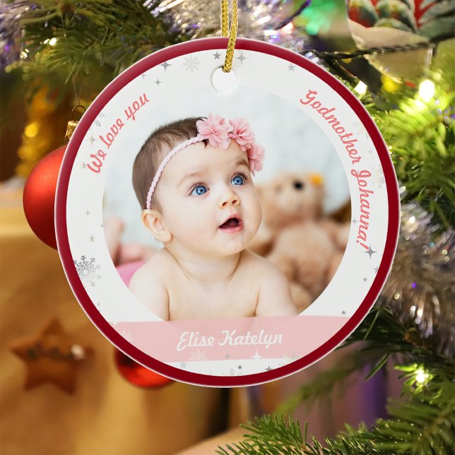 Twin Girl Boy Photo Godmother First Christmas Baby Ceramic Tree Decoration (Modern Elegant Cute First Christmas Baby Twins Girl Boy We love you Godmother Snowflakes Stars Red )