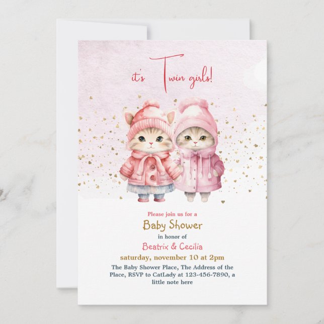Twin Girl Cat Baby Shower Invitation (Front)