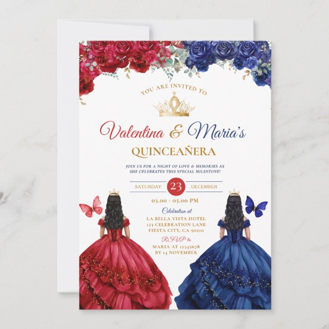 Twin Girl Dress Quinceañera 15 Anos Flowers Gold Invitation (Front)