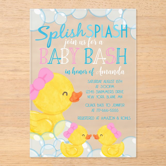 Twin Girl Duck Baby Shower Frosted Acrylic Invitations (Front)