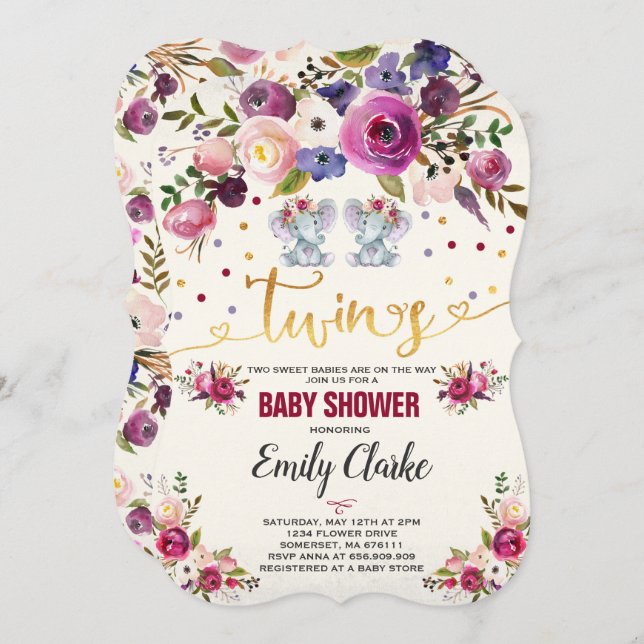 Twin Girl Elephant Baby Shower Invitation (Front/Back)