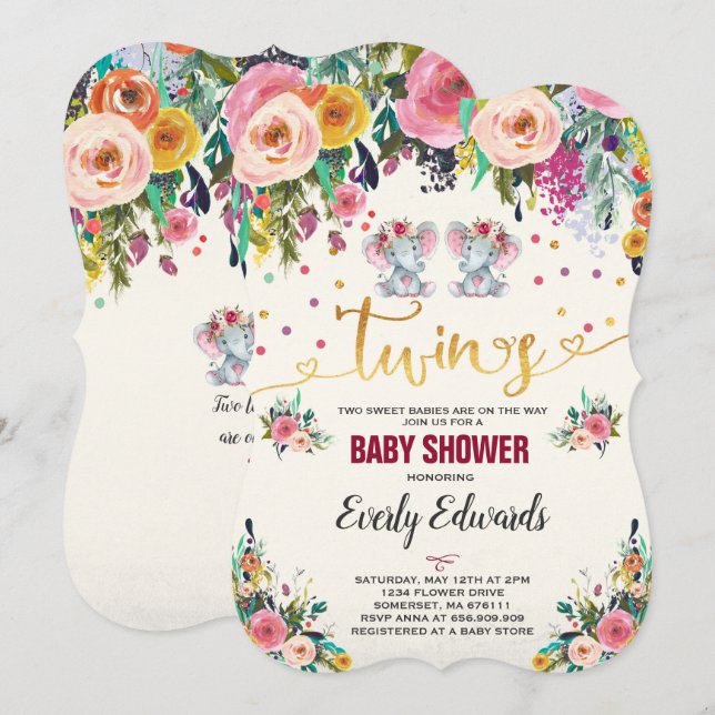 Twin Girl Elephant Baby Shower Invitation (Front/Back)