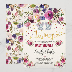 Twin Girl Elephant Baby Shower Invitation