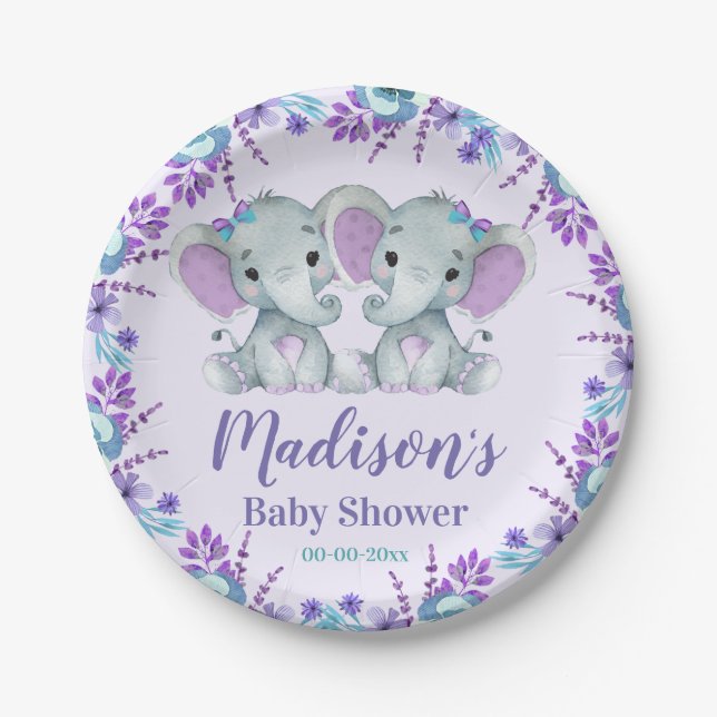 Twin Girl Elephant Baby Shower Paper Plates Floral (Front)
