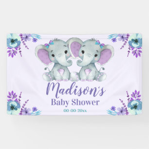 Twin Girl Elephant Banner Sign Backdrop Over Table